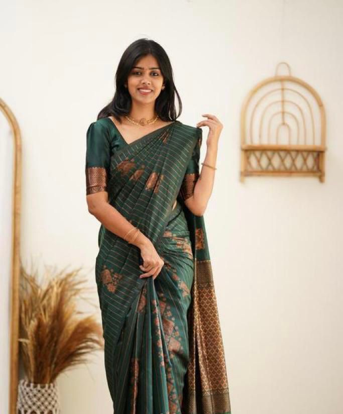 Banarasi Soft Silk Green Saree with Exquisite Copper Zari Weaving Colorful Saree