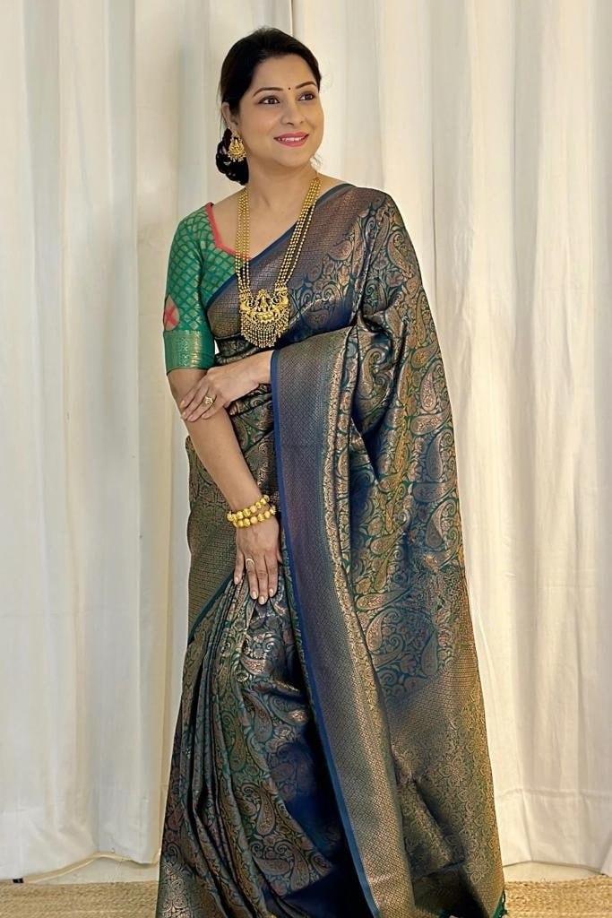 Banarasi Soft Silk Green Saree with Exquisite Copper Zari Weaving Colorful Saree