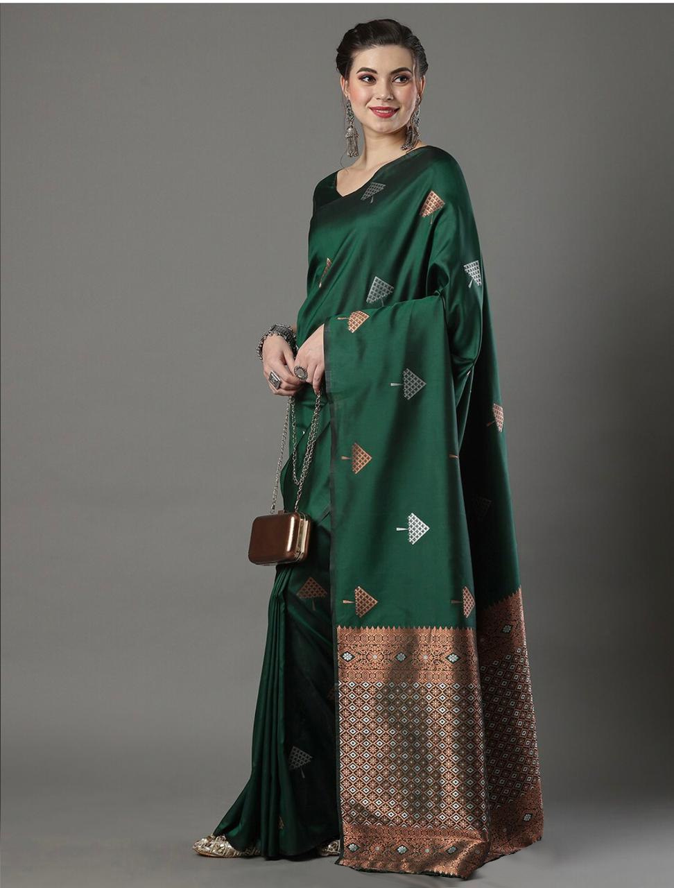 Banarasi Soft Silk Green Saree with Exquisite Copper & Silver Zari Weaving Colorful Saree