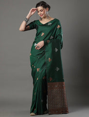 Banarasi Soft Silk Green Saree with Exquisite Copper & Silver Zari Weaving Colorful Saree