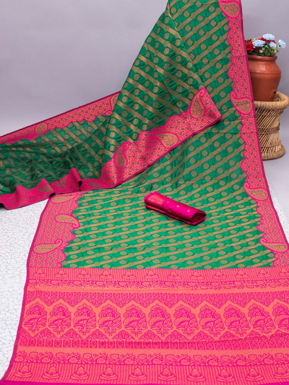 Banarasi Soft Silk Green Saree with 5.5 Meters of Copper Zari Weaving Colorful Saree