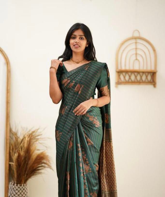 Banarasi Soft Silk Green Saree with Exquisite Copper Zari Weaving Colorful Saree