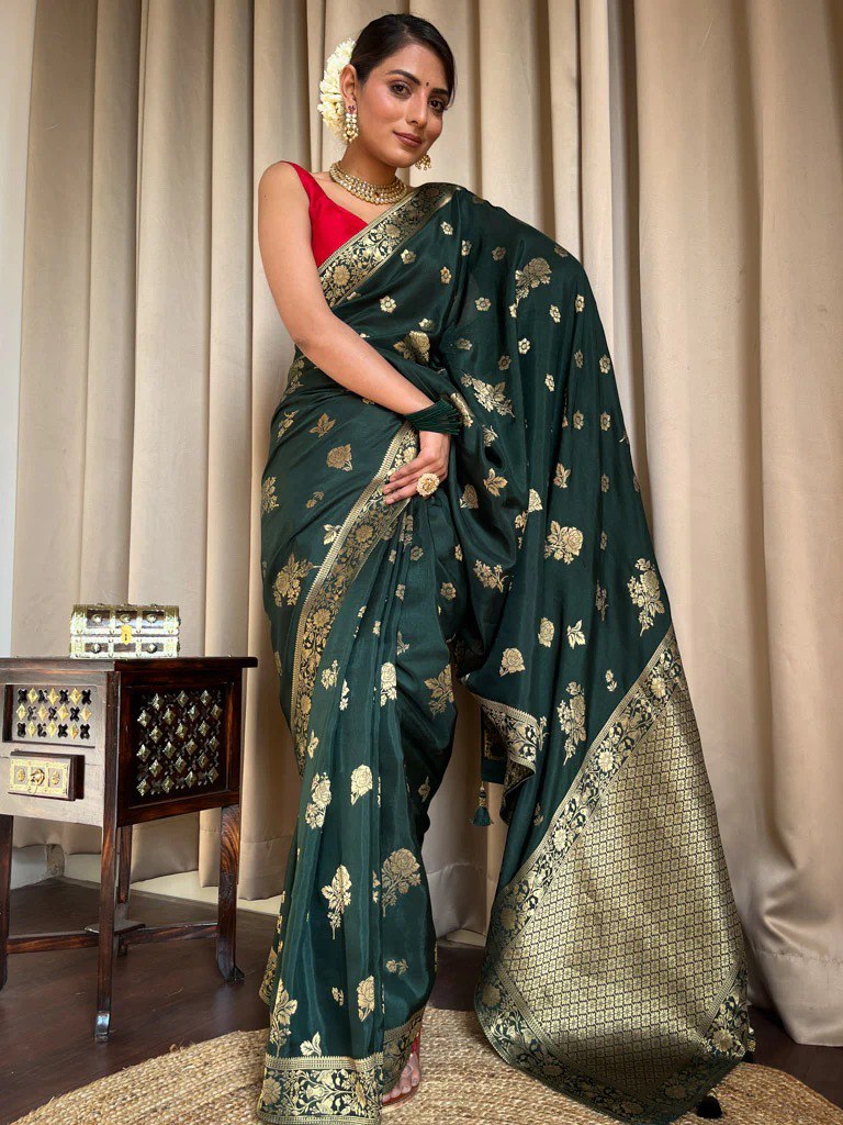 Banarasi Soft Silk Green Saree with Exquisite Gold Zari Weaving Colorful Saree