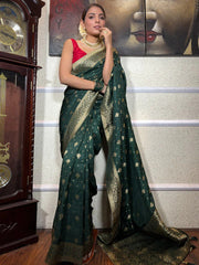 Banarasi Soft Silk Green Saree with Exquisite Gold Zari Weaving Colorful Saree