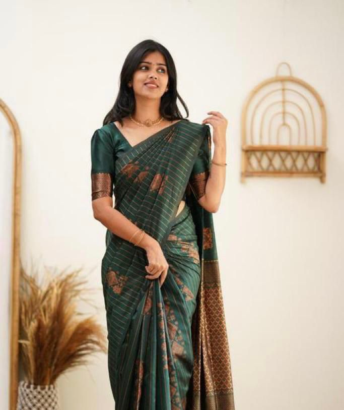 Banarasi Soft Silk Green Saree with Exquisite Copper Zari Weaving Colorful Saree