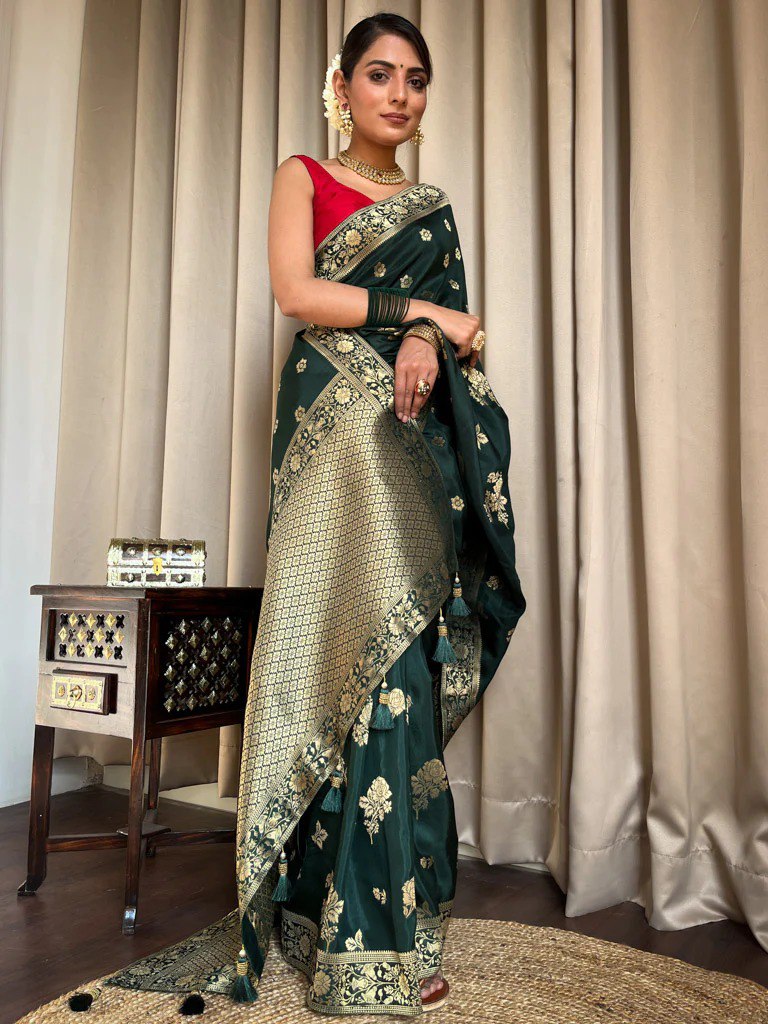 Banarasi Soft Silk Green Saree with Exquisite Gold Zari Weaving Colorful Saree