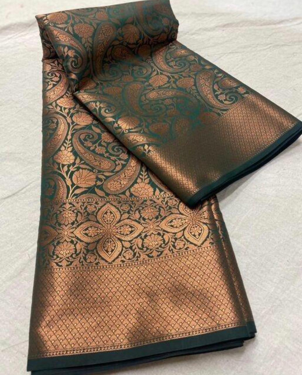 Banarasi Soft Silk Green Saree with Exquisite Copper Zari Weaving Colorful Saree