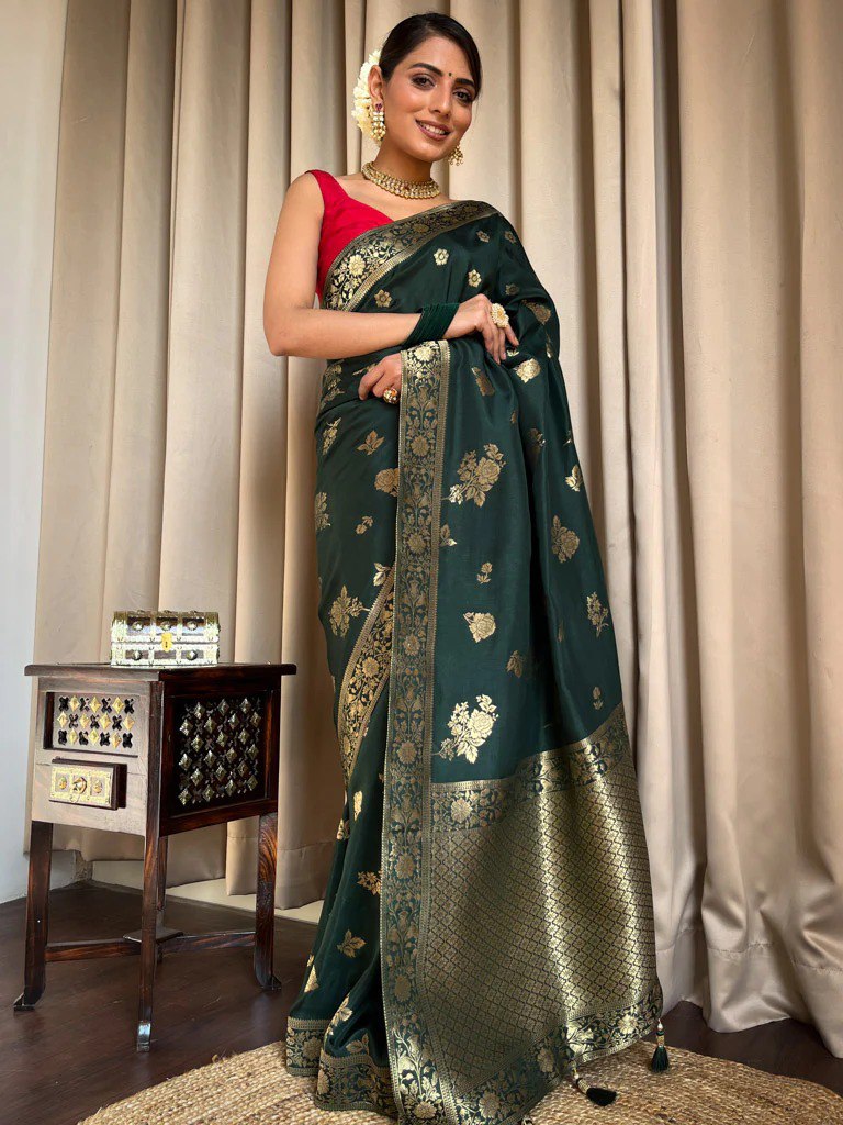 Banarasi Soft Silk Green Saree with Exquisite Gold Zari Weaving Colorful Saree