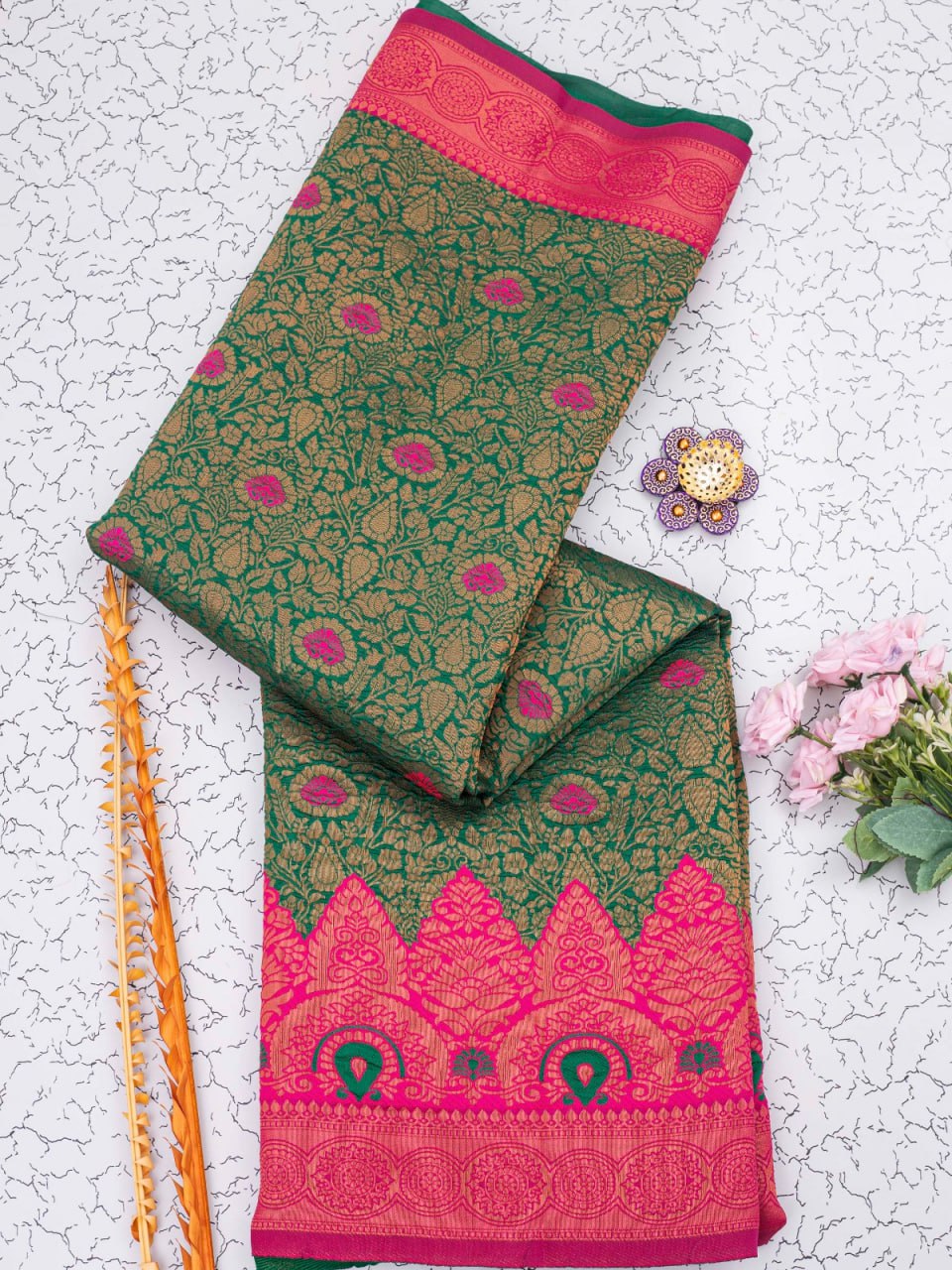 Banarasi Soft Silk Green Saree with 5.5 Meters of Copper Zari Weaving Colorful Saree