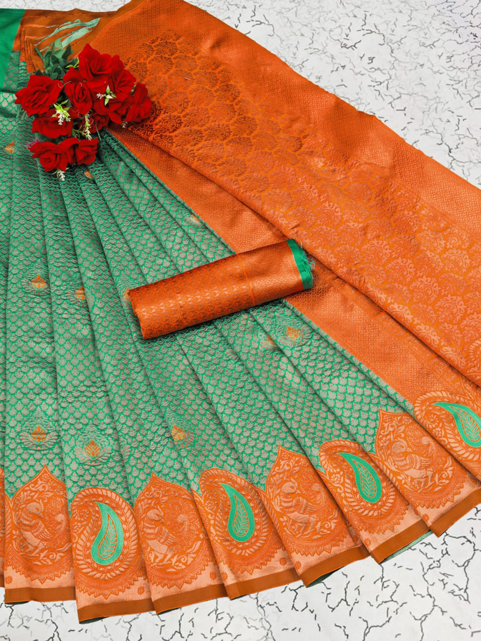 Banarasi Soft Silk Green Saree with Copper Zari Weaving Colorful Saree