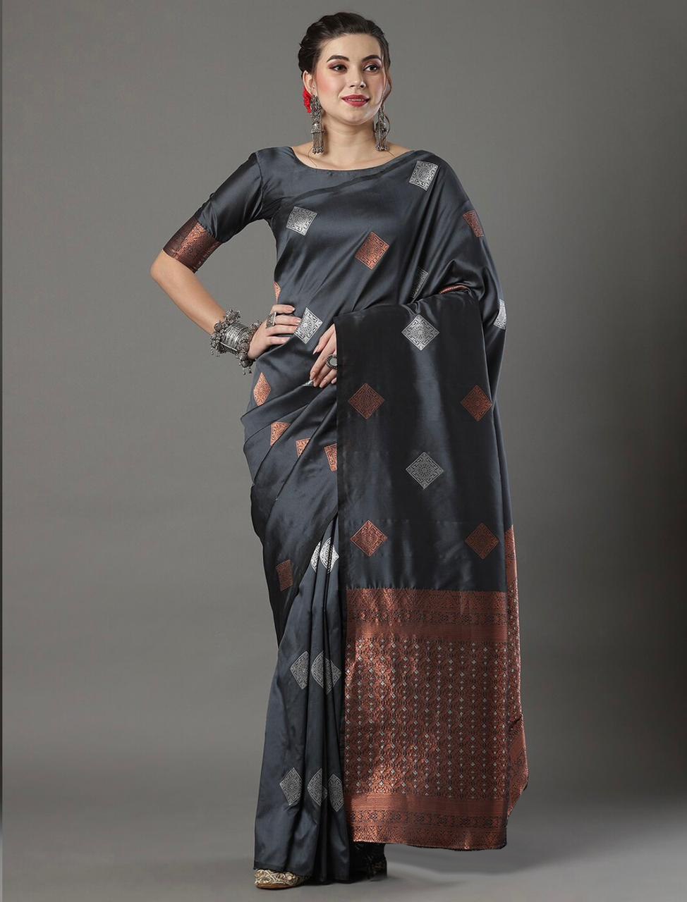 Banarasi Soft Silk Grey Saree with Exquisite Copper & Silver Zari Weaving Colorful Saree