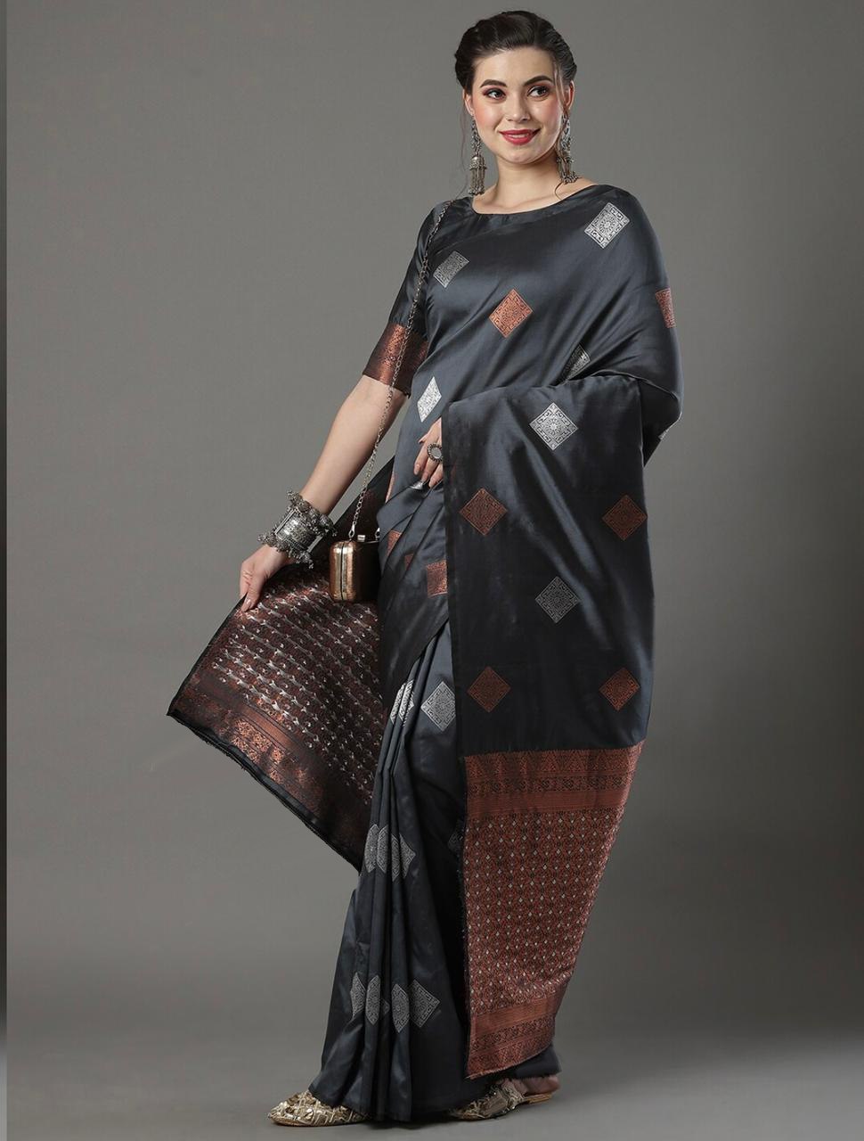 Banarasi Soft Silk Grey Saree with Exquisite Copper & Silver Zari Weaving Colorful Saree