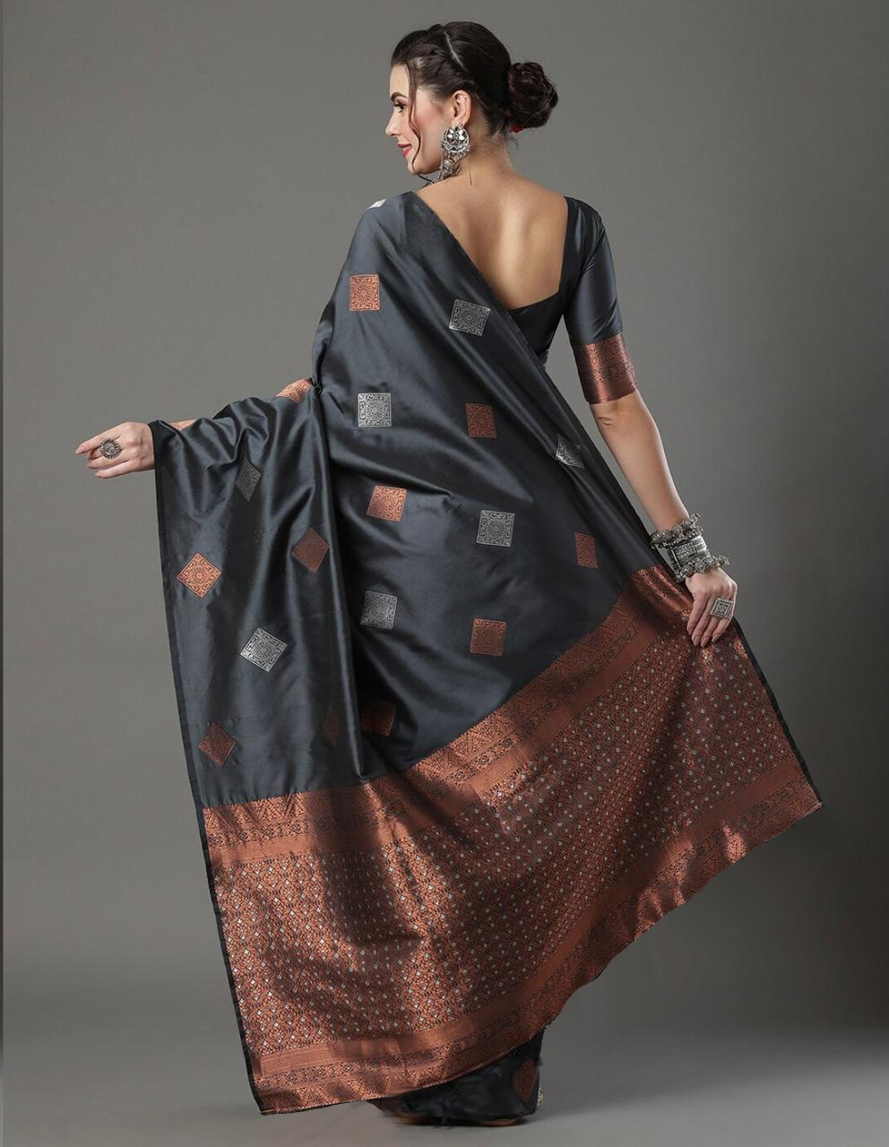 Banarasi Soft Silk Grey Saree with Exquisite Copper & Silver Zari Weaving Colorful Saree