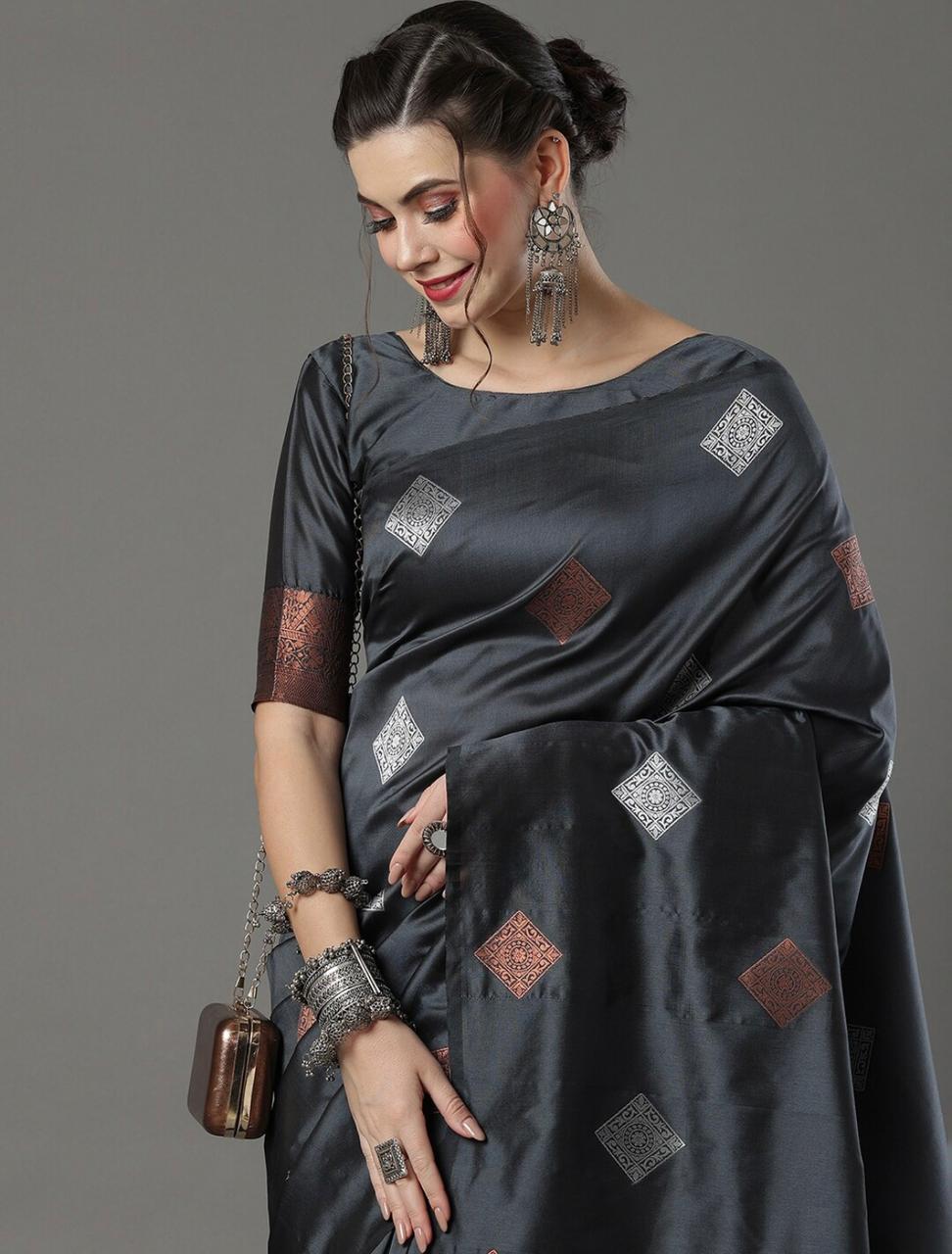 Banarasi Soft Silk Grey Saree with Exquisite Copper & Silver Zari Weaving Colorful Saree