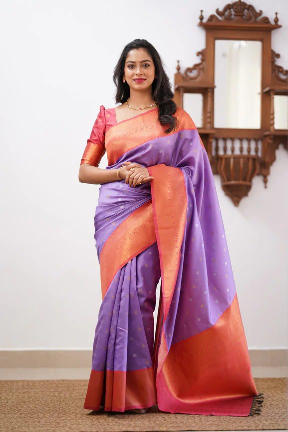 Banarasi Soft Silk Lavender Saree with Copper & Silver Zari Weaving Colorful Saree