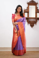 Banarasi Soft Silk Lavender Saree with Copper & Silver Zari Weaving Colorful Saree