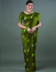 Banarasi Soft Silk Green Saree with Exquisite Copper & Silver Zari Weaving Colorful Saree