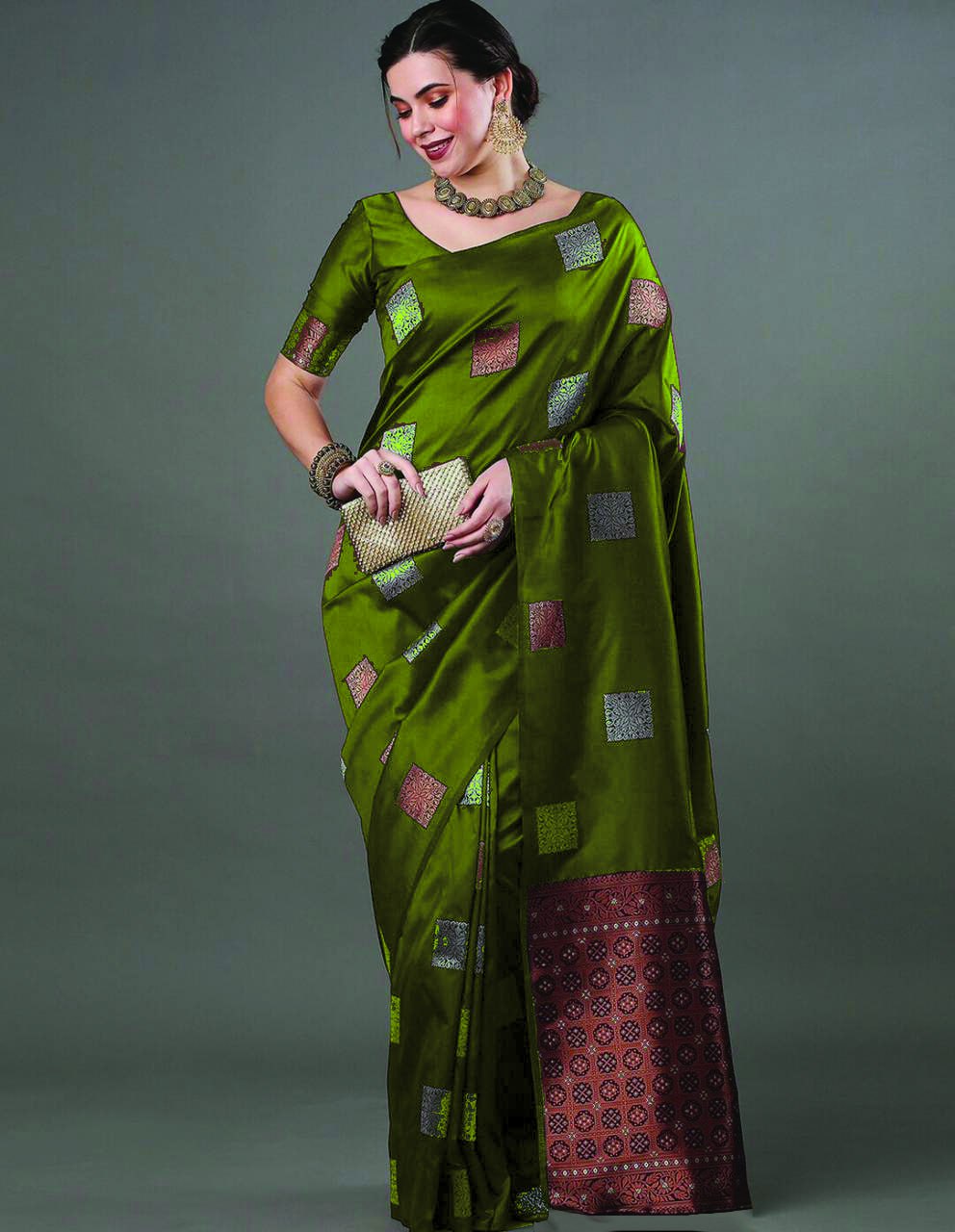 Banarasi Soft Silk Green Saree with Exquisite Copper & Silver Zari Weaving Colorful Saree