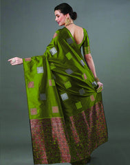 Banarasi Soft Silk Green Saree with Exquisite Copper & Silver Zari Weaving Colorful Saree