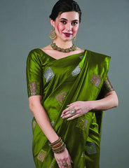 Banarasi Soft Silk Green Saree with Exquisite Copper & Silver Zari Weaving Colorful Saree