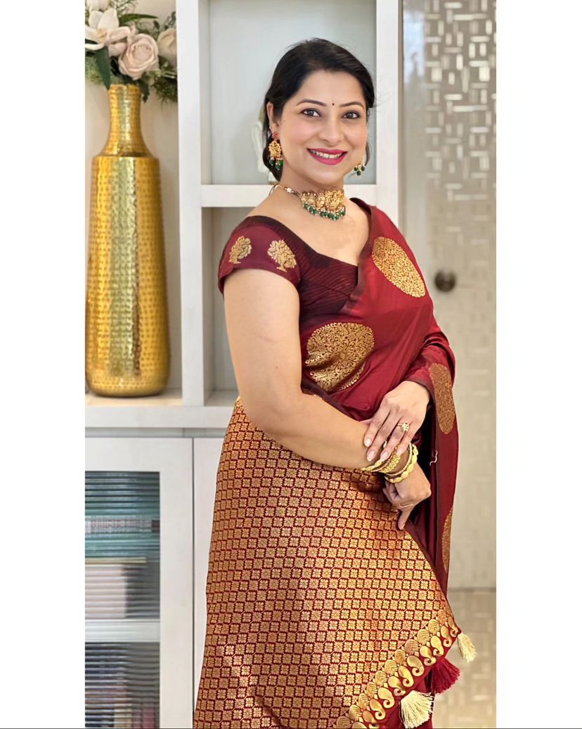 Banarasi Soft Silk Maroon Saree with Exquisite Gold Zari Weaving Colorful Saree