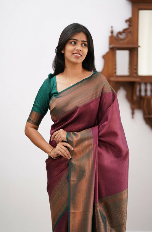 Banarasi Soft Silk Maroon Saree with Exquisite Copper Zari Weaving Colorful Saree