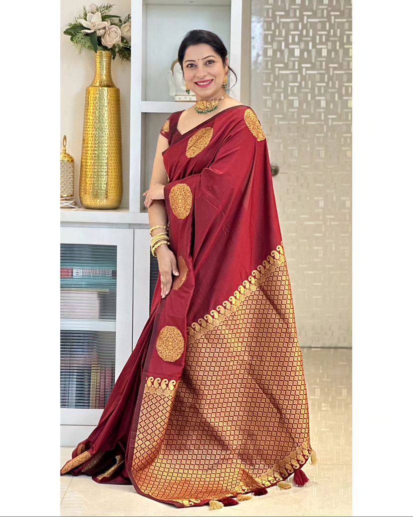 Banarasi Soft Silk Maroon Saree with Exquisite Gold Zari Weaving Colorful Saree