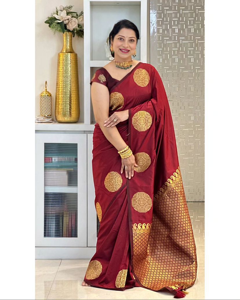 Banarasi Soft Silk Maroon Saree with Exquisite Gold Zari Weaving Colorful Saree