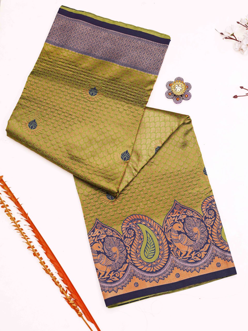 Banarasi Soft Silk Mehndi Green Saree with Copper Zari Weaving Colorful Saree