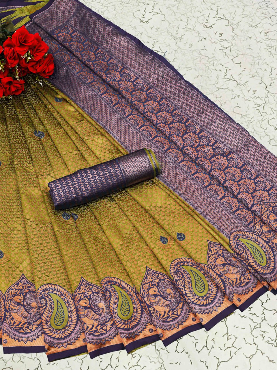 Banarasi Soft Silk Mehndi Green Saree with Copper Zari Weaving Colorful Saree