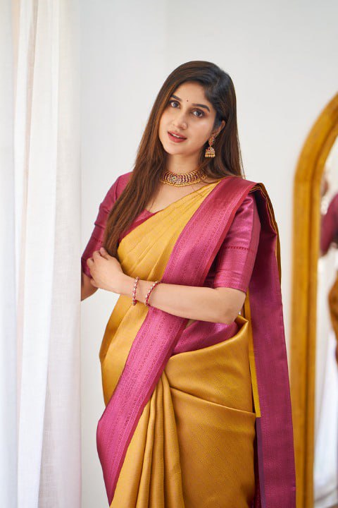 Banarasi Soft Silk Mustard Yellow Saree with Blouse Piece Colorful Saree