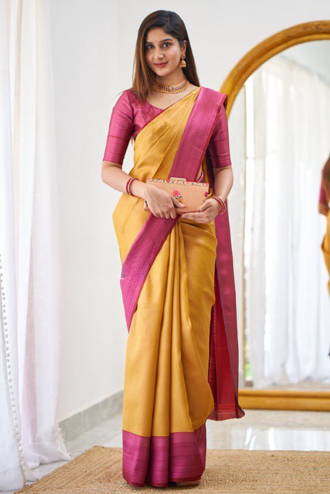 Banarasi Soft Silk Mustard Yellow Saree with Blouse Piece Colorful Saree