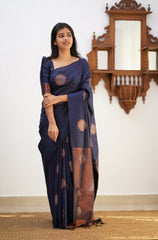 Banarasi Soft Silk Navy Blue Saree with Exquisite Copper Zari Weaving Colorful Saree