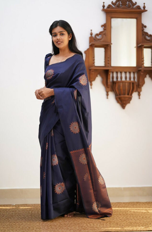 Banarasi Soft Silk Navy Blue Saree with Exquisite Copper Zari Weaving Colorful Saree