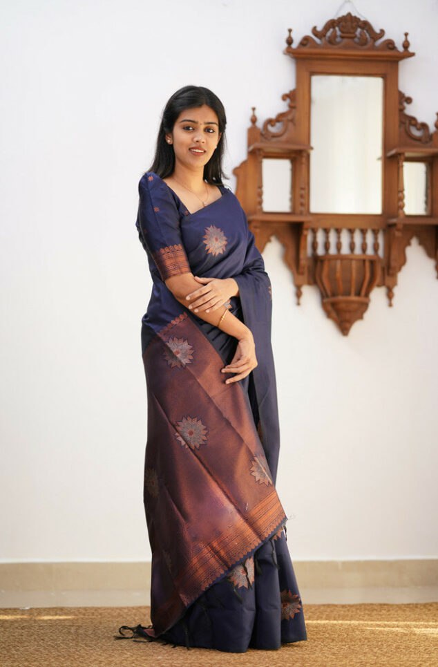 Banarasi Soft Silk Navy Blue Saree with Exquisite Copper Zari Weaving Colorful Saree