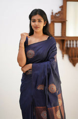 Banarasi Soft Silk Navy Blue Saree with Exquisite Copper Zari Weaving Colorful Saree