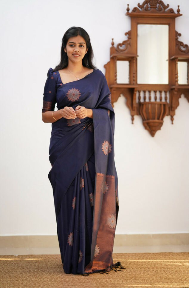 Banarasi Soft Silk Navy Blue Saree with Exquisite Copper Zari Weaving Colorful Saree