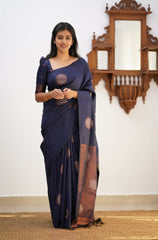 Banarasi Soft Silk Navy Blue Saree with Exquisite Copper Zari Weaving Colorful Saree