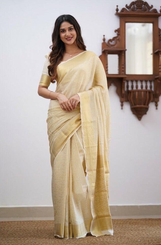 Banarasi Soft Silk Off White Saree with Matching Blouse Piece Colorful Saree