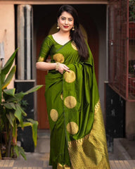 Banarasi Soft Silk Olive Green  Saree with Exquisite Gold Zari Weaving Colorful Saree