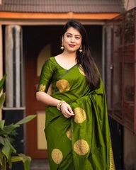 Banarasi Soft Silk Olive Green  Saree with Exquisite Gold Zari Weaving Colorful Saree