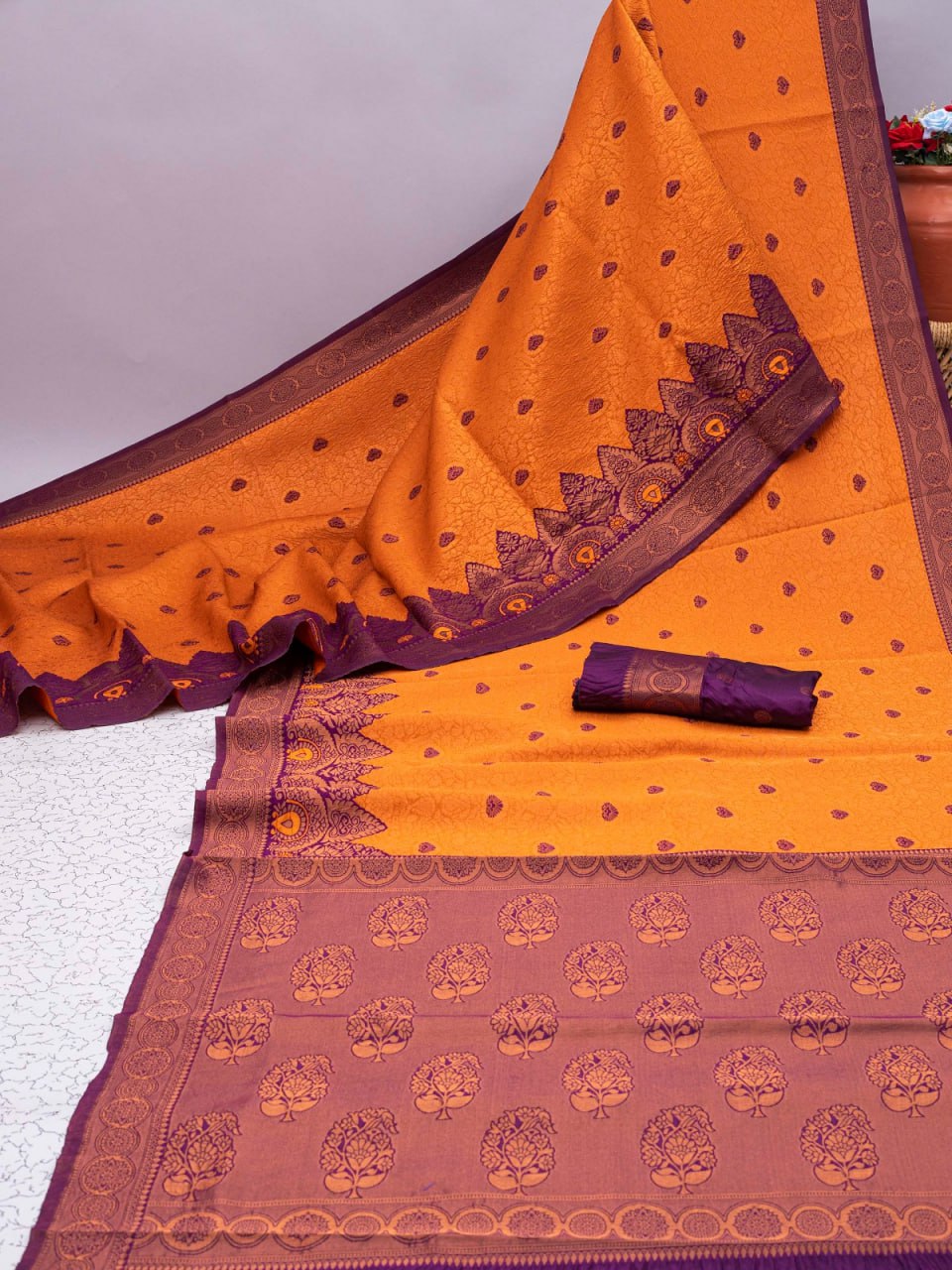 Banarasi Soft Silk Orange Saree with 5.5 Meters of Copper Zari Weaving Colorful Saree