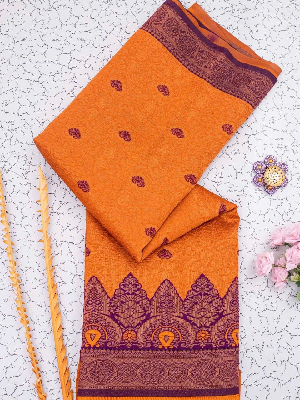 Banarasi Soft Silk Orange Saree with 5.5 Meters of Copper Zari Weaving Colorful Saree