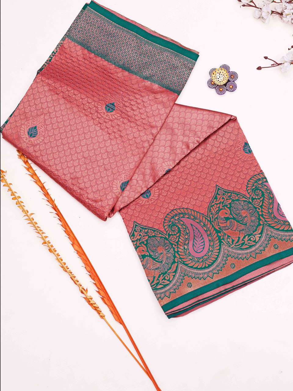 Banarasi Soft Silk Pink Saree with Copper Zari Weaving Colorful Saree