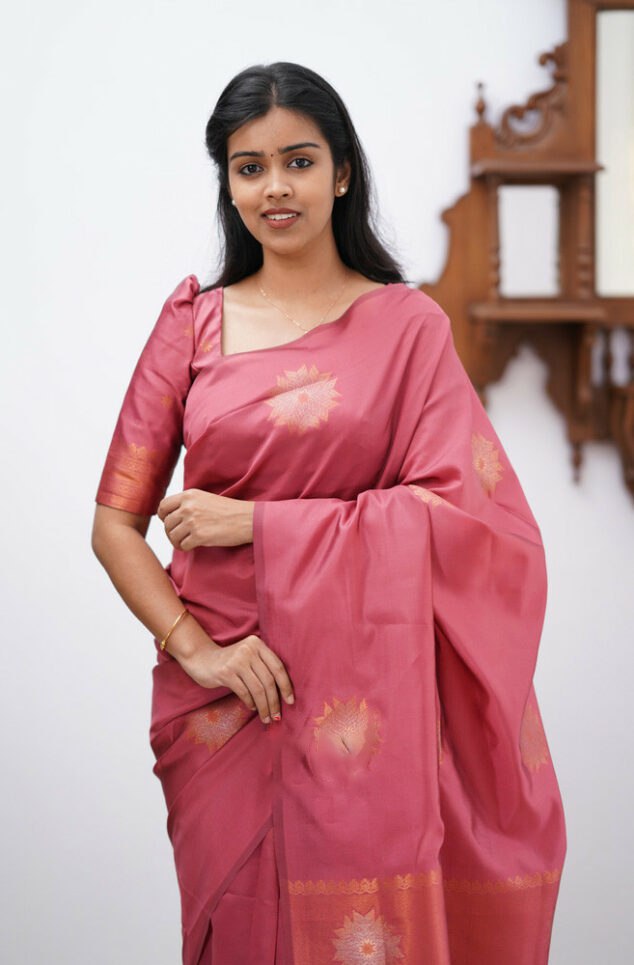 Banarasi Soft Silk Pink Saree with Exquisite Copper Zari Weaving Colorful Saree