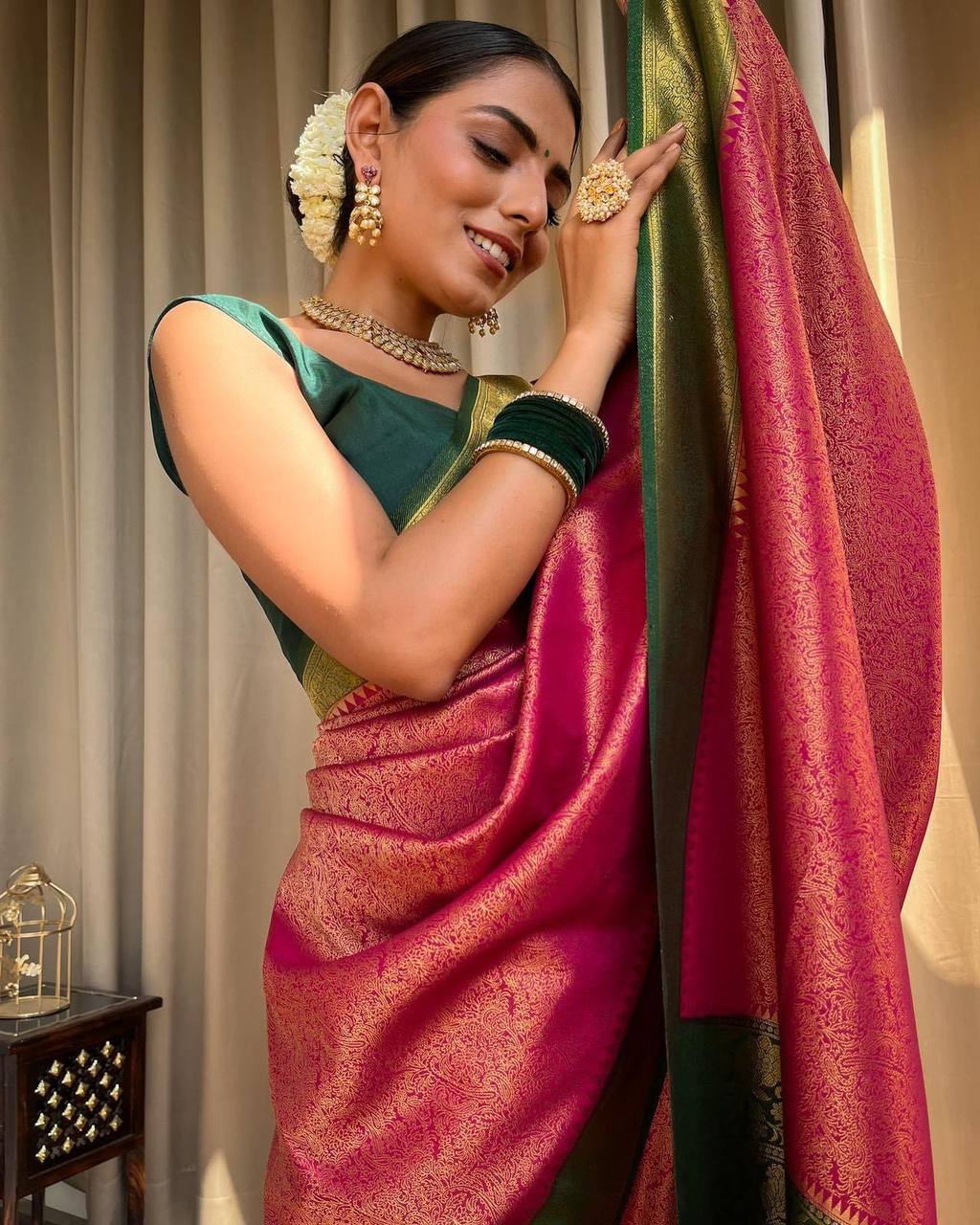 Banarasi Soft Silk Pink Saree with Pure Copper Zari Weaving Colorful Saree