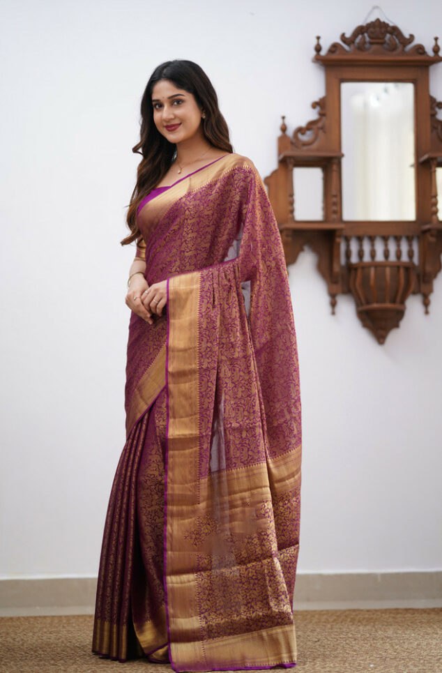 Banarasi Soft Silk Purple Saree with Matching Blouse Piece Colorful Saree