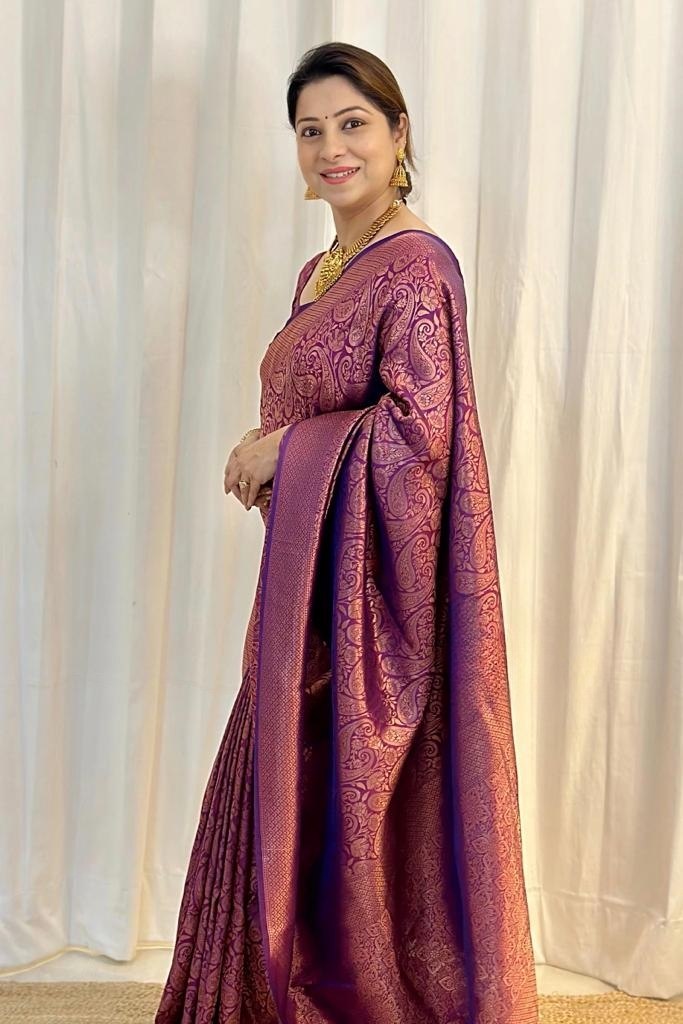 Banarasi Soft Silk Purple Saree with Exquisite Copper Zari Weaving Colorful Saree