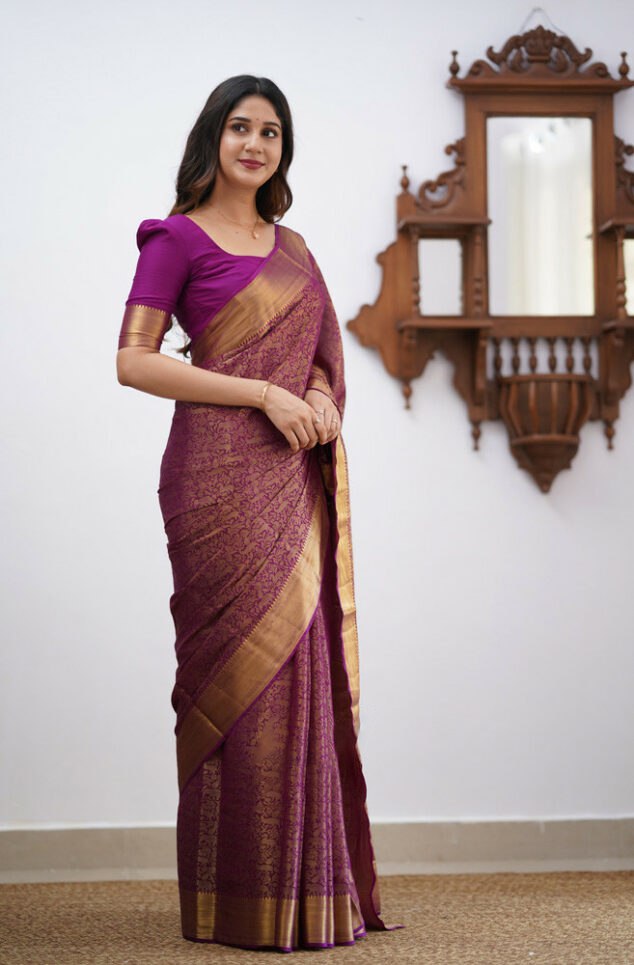 Banarasi Soft Silk Purple Saree with Matching Blouse Piece Colorful Saree