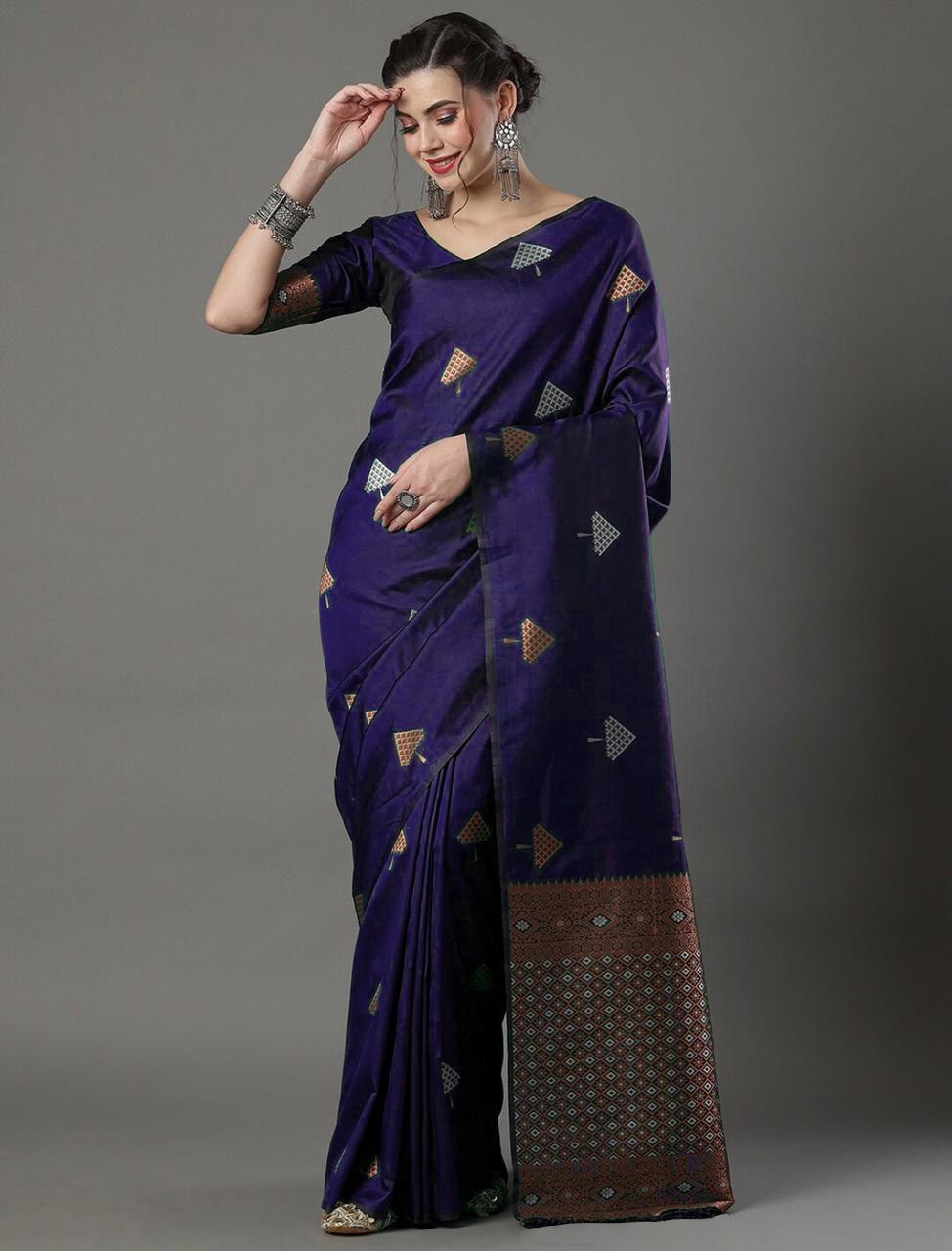 Banarasi Soft Silk Purple Saree with Exquisite Copper & Silver Zari Weaving Colorful Saree